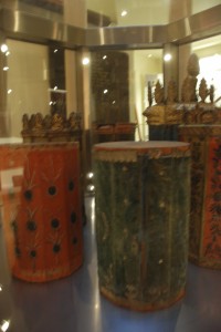 Traditional cylindrical wooden cases for Torah