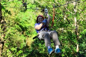 Sandra Bornstein zip-ling above a rainforest canopy