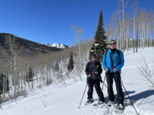 Sandy and Ira Bornstein snowshoeing at Vista Verde Ranch 2021