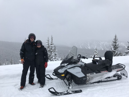 Sandy and Ira Bornstein Snowmobiling During Media Trip to Winter Park, Colorado Winter 2020