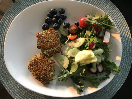 Nutrient Dense Lunch--Veggie burgers, Salad, and blueberries